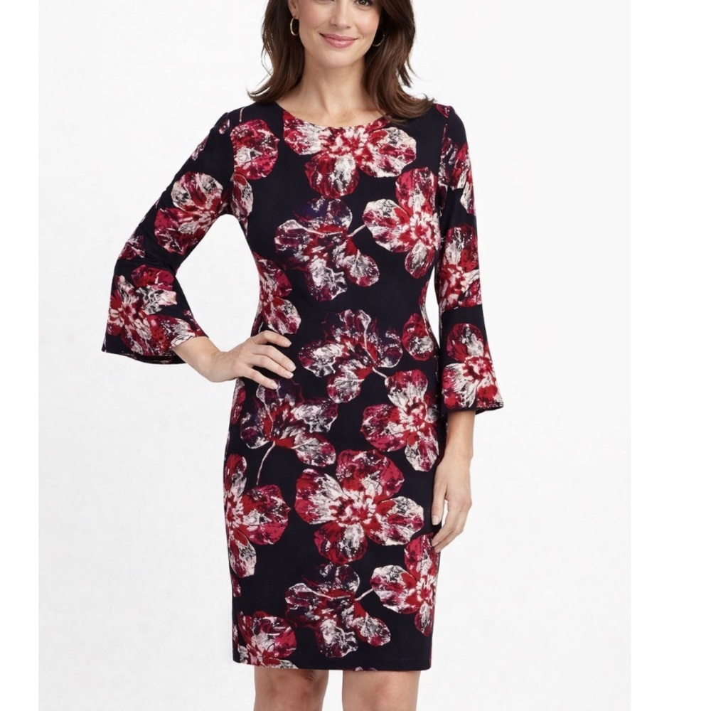 TOMMY HILFIGER Black & Red Floral Print Bell Sleeve Dress Size 4 NWOT